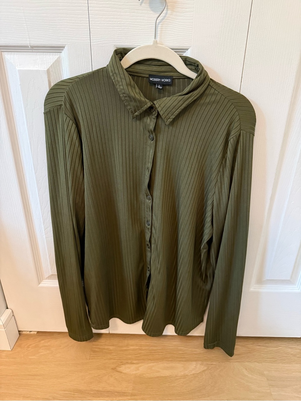 Modern Works Olive Green Ribbed Button-Up Top